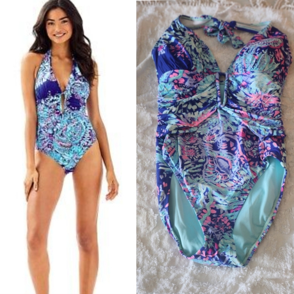 Lilly Pulitzer Lanai Halter Vibrant Multicolor Halter Swimsuit 6 Bx 1